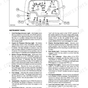 New Holland T2310, T2320, T2330 instrument panel diagram and indicator light descriptions for tractor operation.