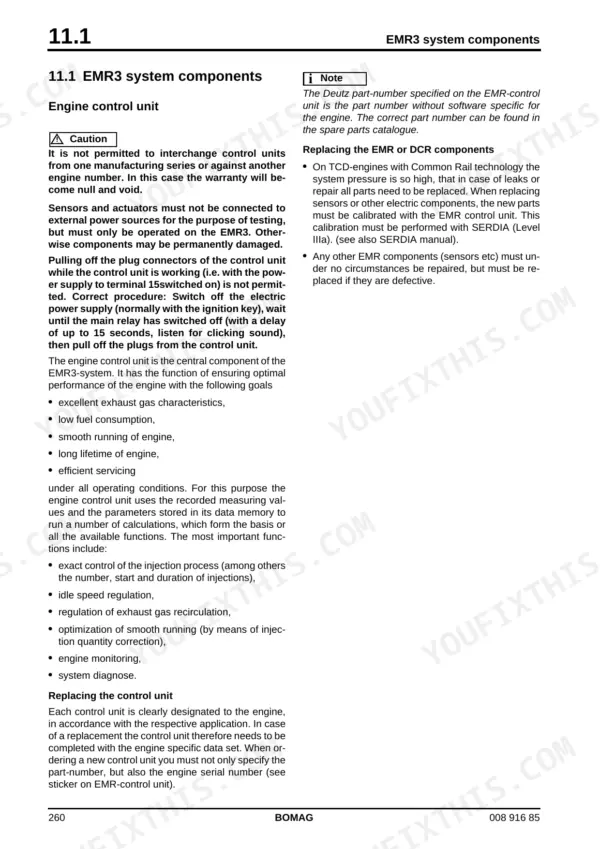 Bomag BM 500/15, BM 600/15 service manual — engine electrics: EMR3 system components text page on the engine control unit