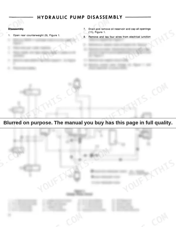 Ford CL-20 hydraulic pump disassembly procedure and charge pump circuit diagram with component list.