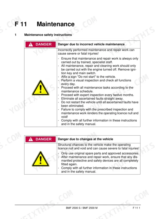 Bomag BMF 2500 S, BMF 2500 M maintenance manual page detailing safety instructions for vehicle maintenance and structural changes.