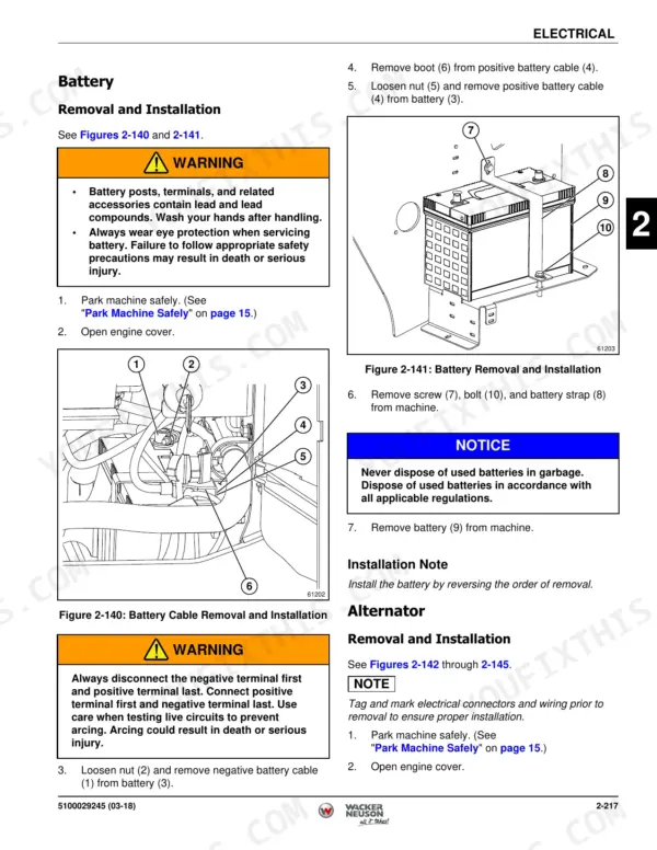 Wacker Neuson SW16, SW17, SW20, SW21, ST28, ST31 battery removal and installation procedures with component diagrams.