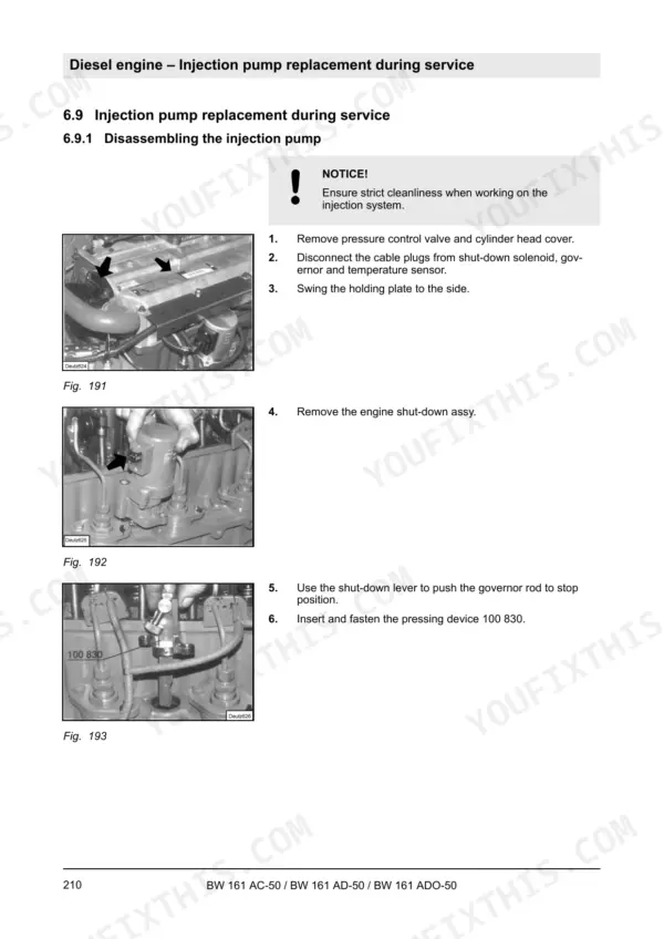 Bomag BW 161 AC-50, BW 161 AD-50, BW 161 ADO-50 diesel engine injection pump disassembly and service procedure steps.