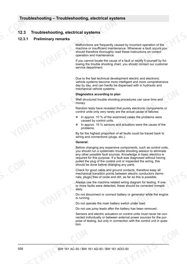 Bomag BW 161 AC-50, BW 161 AD-50, BW 161 ADO-50 electrical system troubleshooting preliminary remarks and diagnostic guidelines.