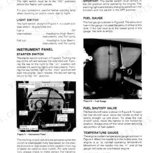 Ford 1900, 1700 manual page showing instrument panel, light switch, starter switch, fuel gauge, and fuel shutoff valve controls.