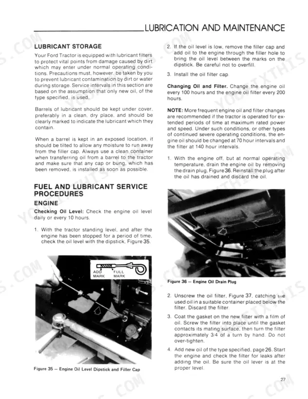 Ford 1900, 1700 manual page showing engine oil level check, oil change procedures, dipstick diagram, and oil drain plug location.
