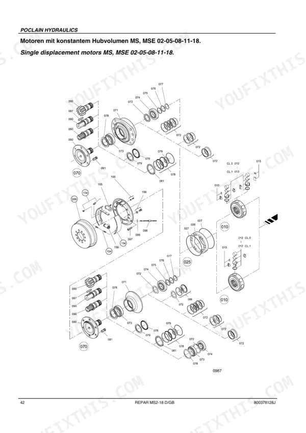 Bomag BW 211 D-3 exploded view of Poclain MS, MSE single displacement hydraulic motor components and seals.