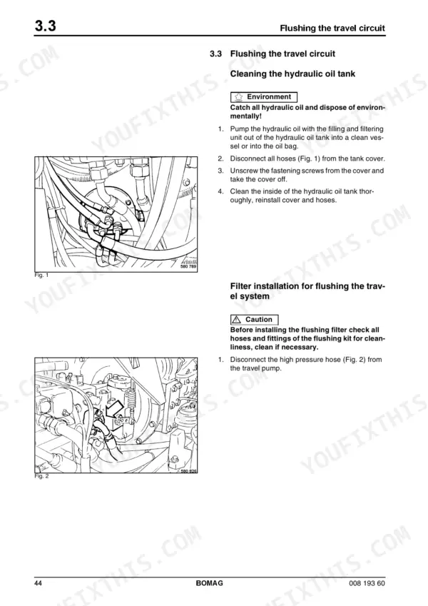 Bomag BW 211 D-3 procedures for flushing the travel circuit, cleaning the hydraulic oil tank, and travel pump hose disconnection.