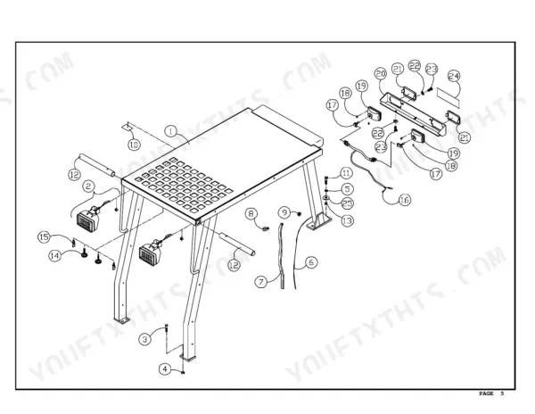 ASV 2800, 2810 exploded view of ROPS canopy, work lights, and rear light bar assembly with numbered component parts.