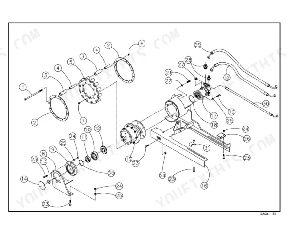 ASV 2800, 2810 exploded view diagram of the drive motor, hydraulic pump, and mounting frame assembly with numbered parts.