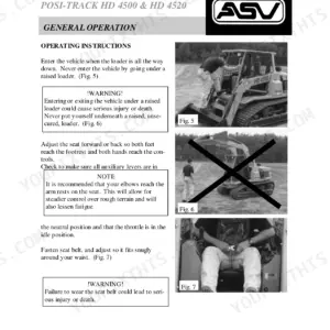 ASV HD 4500, HD 4520 general operation instructions, seat belt safety, and loader entry procedures.