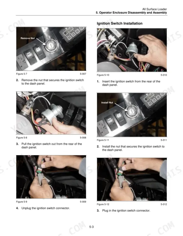 ASV RC-30 service manual procedures for removing and installing the operator enclosure ignition switch and electrical connector.