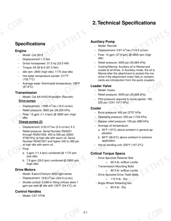 ASV RC-30 technical specifications for engine, transmission, auxiliary pump, loader valve, cooler, and critical torque specs.