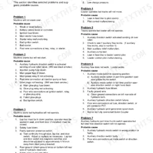 ASV RC-30 service manual troubleshooting page listing problems 1-7 for engine, hydraulics, and auxiliary flow issues.
