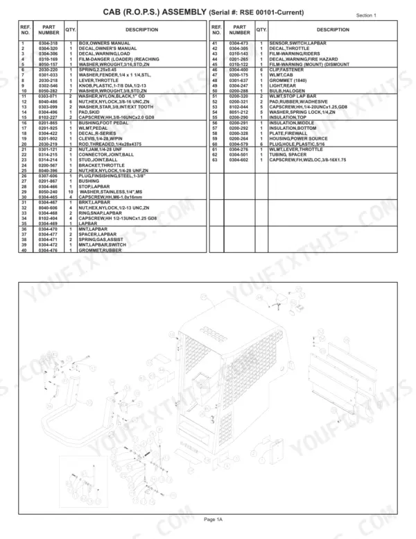 ASV RC-60 parts list and exploded view diagram for the Cab R.O.P.S. assembly components.
