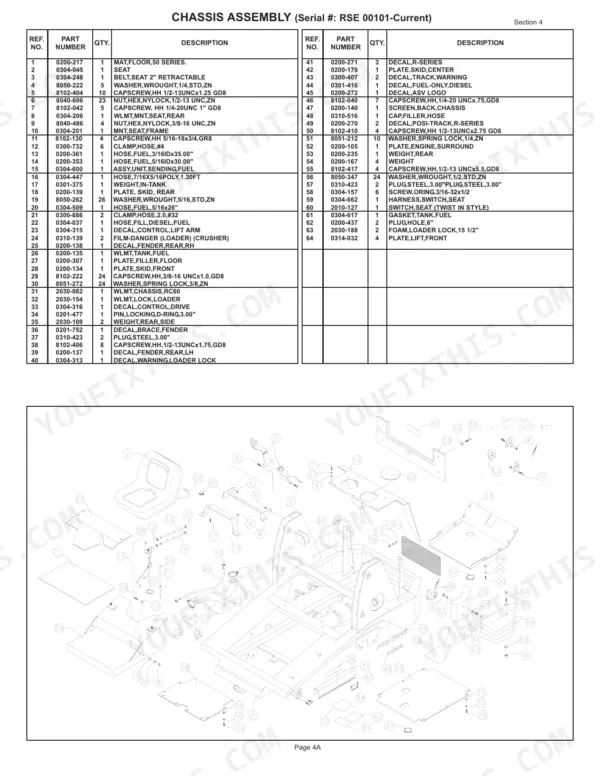 ASV RC-60 chassis assembly parts list and exploded view diagram showing frame and seat components.