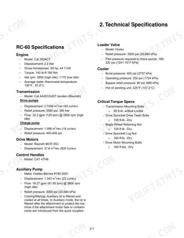 ASV RC-60 technical specifications, engine, transmission, hydraulic pump, valve, and torque settings.