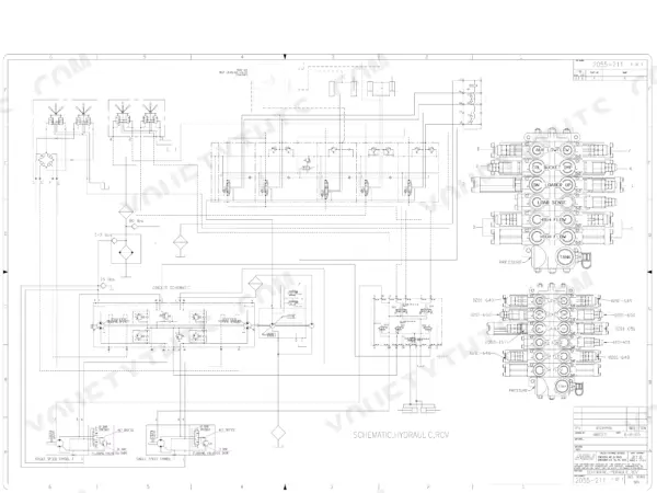 ASV RCV hydraulic schematic diagram showing valve bank, self-leveling valve, and circuit connections for loader and auxiliary functions.