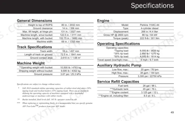 ASV RCV service manual page 49 showing technical specifications for dimensions, engine, tracks, weight, hydraulics, and fluids.