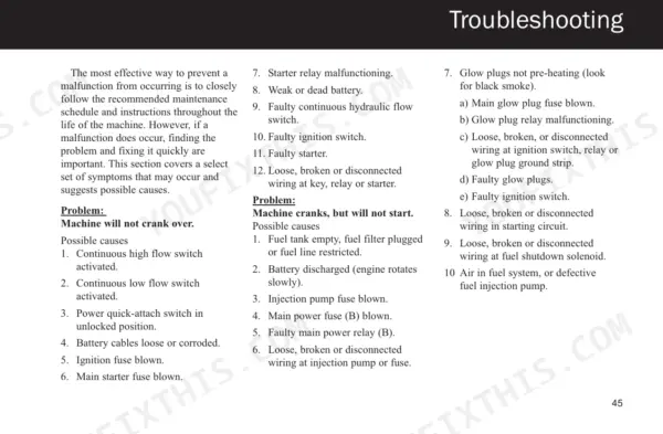 ASV RCV troubleshooting guide for engine starting issues, including machine will not crank or cranks but will not start.