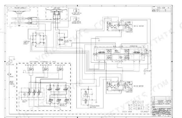 ASV SC-50 hydraulic schematic showing drive motors, transmission, steering shuttle, and optional auxiliary hydraulic package.