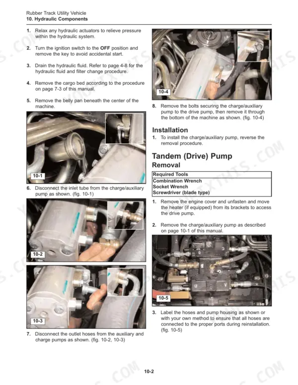 ASV SC-50 service manual procedures for removing charge, auxiliary, and tandem drive hydraulic pumps with component photos.
