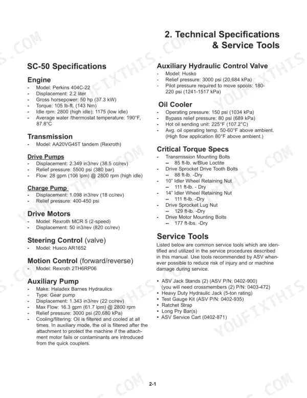 ASV SC-50 technical specifications, engine, hydraulic system, and critical torque specs table with required service tools list.
