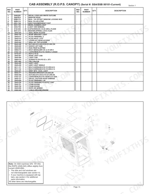 ASV SR-70, SR-80 parts list and exploded view diagram for the Cab Assembly R.O.P.S. Canopy components.