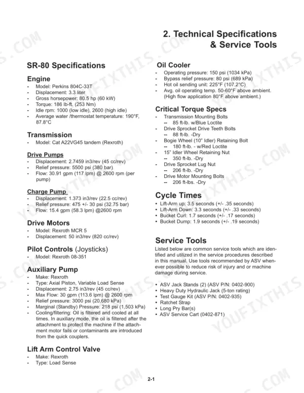 ASV SR-70, SR-80 technical specifications, critical torque specs, hydraulic system data, cycle times, and service tools list.