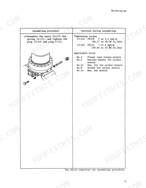 Link-Belt LS-2800CII spool assembly procedure, torque specifications, and required tools diagram.