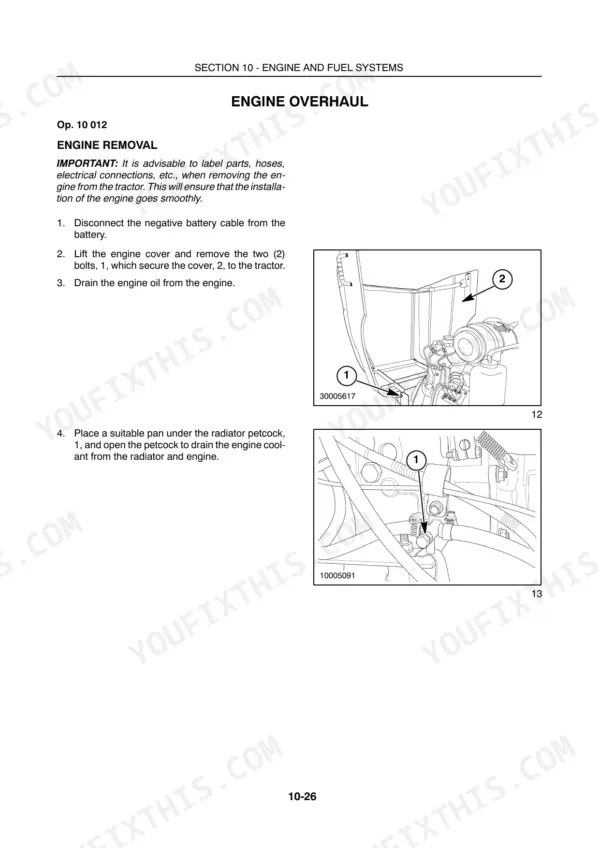 New Holland MC22, MC28, MC35 engine removal procedure, showing engine cover bolts and radiator petcock drainage diagrams.
