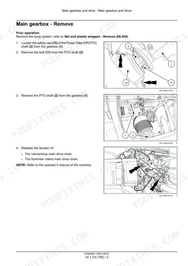 New Holland Roll Baler 135 Ultra main gearbox removal procedure with diagrams showing PTO shaft, gearbox, and drive chains.