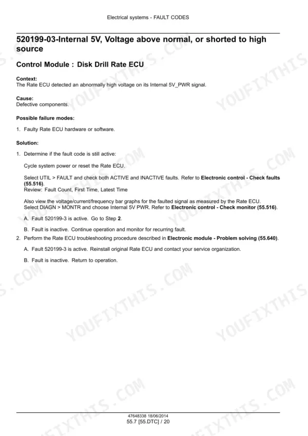 New Holland P2080, P2085 service manual page for fault code 520199-03 Disk Drill Rate ECU troubleshooting and solution steps.