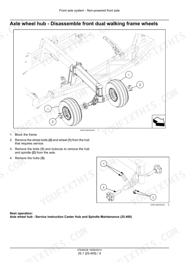 New Holland P2080, P2085 service manual procedure for disassembling front dual walking frame wheels and axle wheel hubs.