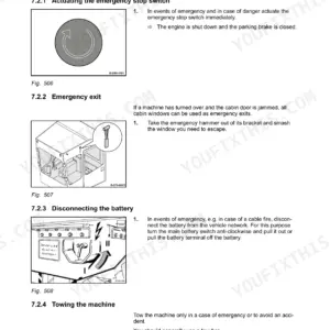 Bomag BC 672 RB-4, BC 772 RB-4, BC 772 RS-4, BC 772 EB-4 emergency procedures for stop switch, cabin exit, and battery disconnect.