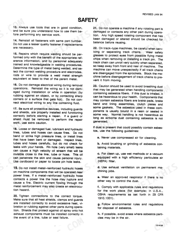 Cmi RS-650 service manual safety page covering welding, track chain maintenance, electrical wiring, and asbestos handling.