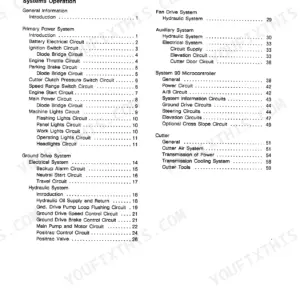 Cmi RS-650 service manual table of contents for Systems Operation, covering power, ground drive, hydraulic, and cutter systems.