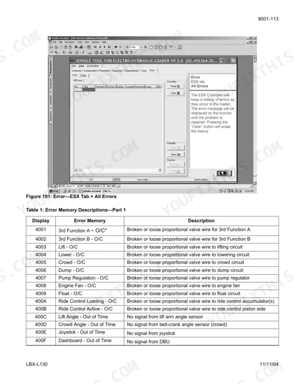Link-belt L130 service tool ESX tab interface and error memory code table for proportional valve and sensor faults.