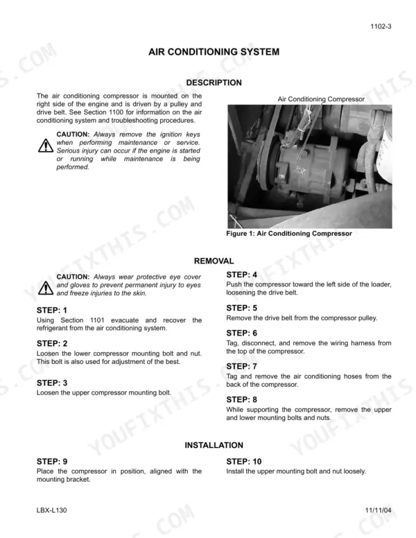 Link-belt L130 air conditioning compressor removal and installation procedures with component photo and safety warnings.