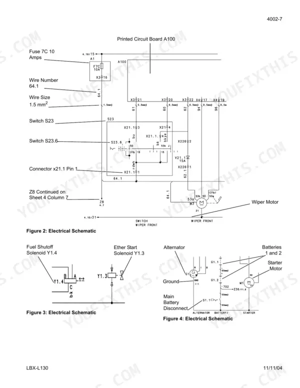 Link-belt L130 electrical schematics for wiper motor, fuel shutoff solenoid, ether start solenoid, alternator, and starter motor.
