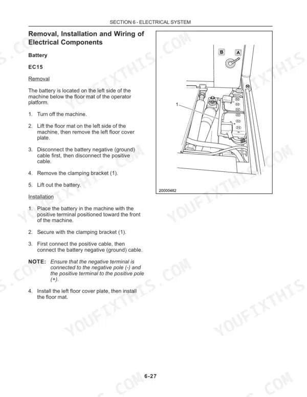 New Holland EC15, EC25, EC35, EC45 battery removal and installation procedure with clamping bracket diagram.