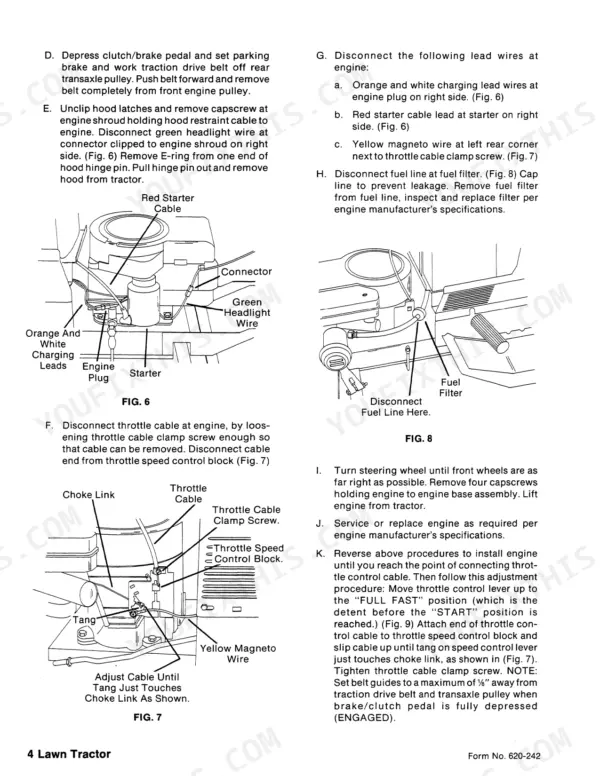 Ford LT 8, LT 11 service manual: engine removal, throttle cable adjustment, and fuel line disconnection procedures with diagrams.