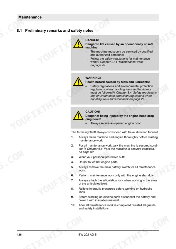 Bomag BW 202 AD-5 maintenance manual page 136 detailing preliminary safety notes, danger, warning, and caution procedures.