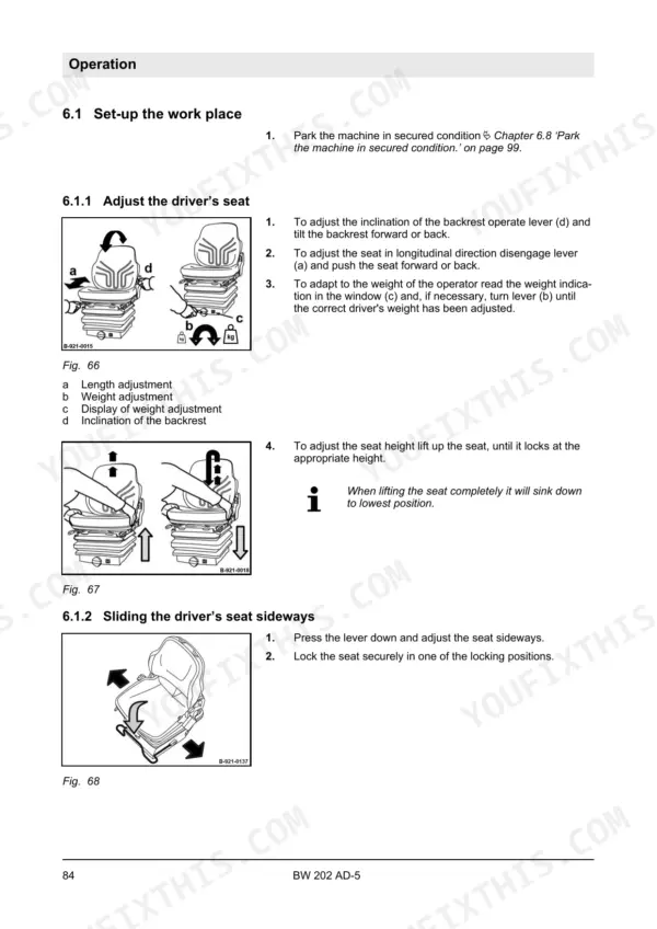 Bomag BW 202 AD-5 operator manual page showing procedures for adjusting the driver's seat, height, and sideways position.