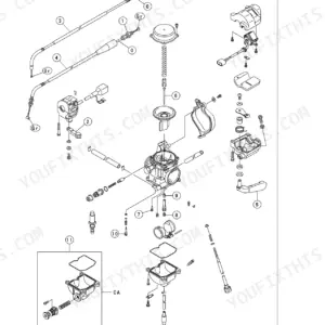 Kawasaki Prairie 360 (KVF360) fuel system exploded view diagram showing carburetor components and throttle cables.