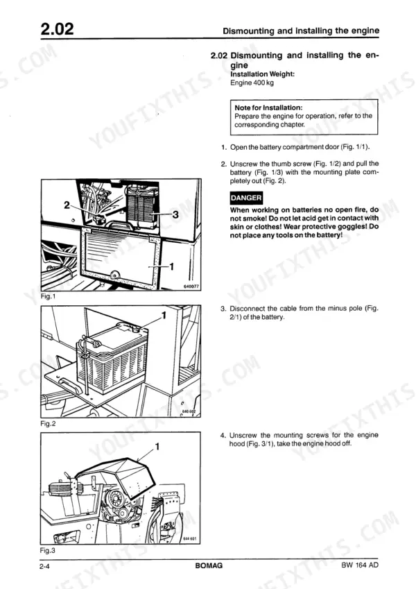 Bomag BW 164 AD engine dismounting and installation procedure, battery removal, and engine hood removal diagrams.