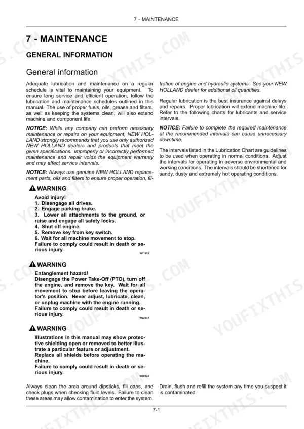 New Holland Boomer 33, Boomer 37 maintenance manual, general information, lubrication guidelines, and safety warnings.