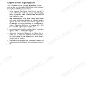 New Holland Boomer 33, Boomer 37 operator manual page detailing the engine break-in procedure and unit commissioning steps.