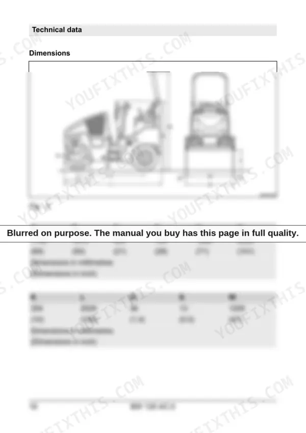 Bomag BW 120 AC-5 technical data diagram showing machine dimensions and corresponding measurement table in mm and inches.
