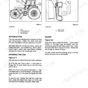 New Holland 8670, 8770, 8870, 8970 cab operation diagrams showing door handle, assist rails, and entry procedures.