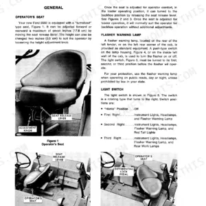 Ford 5550 operator manual page showing seat adjustment, flasher warning lamp, and light switch controls and positions.